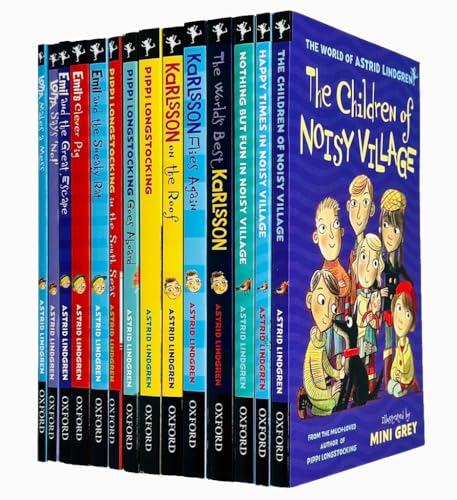 Astrid Lindgren Collection 14 Books Set (The Children of Noisy Village, Happy Times,Nothing but Fun, The World's Best Karlsson,Flies Again,on the Roof,Pippi Longstocking,Emil's Clever Pig & More)