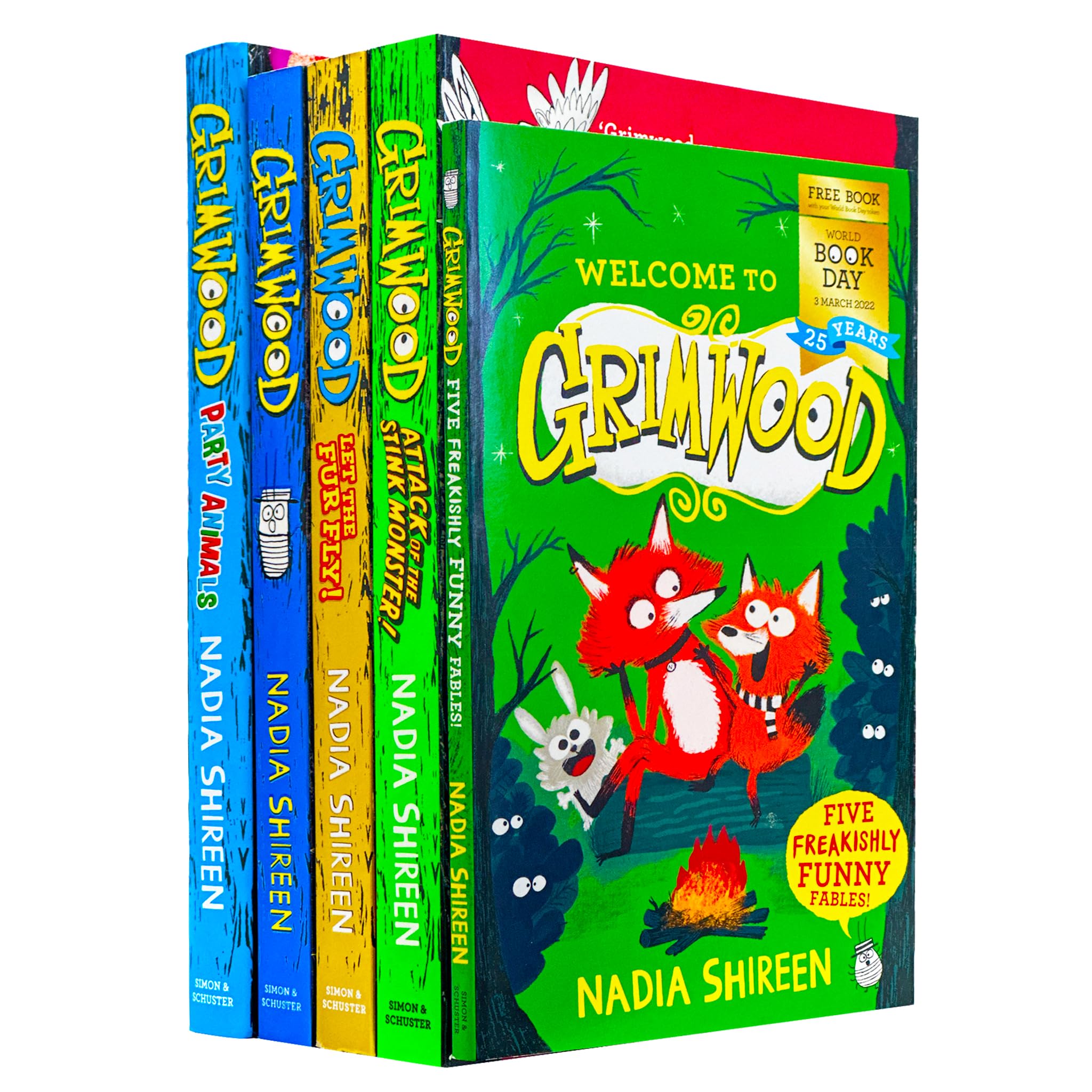 Grimwood Series 5 Books Collection Set by Nadia Shireen (Grimwood, Let The Fur Fly!, Attack of the Stink Monster!, Five Freakishly Funny Fables! World Book Day 2022 and Party Animals [Hardcover])