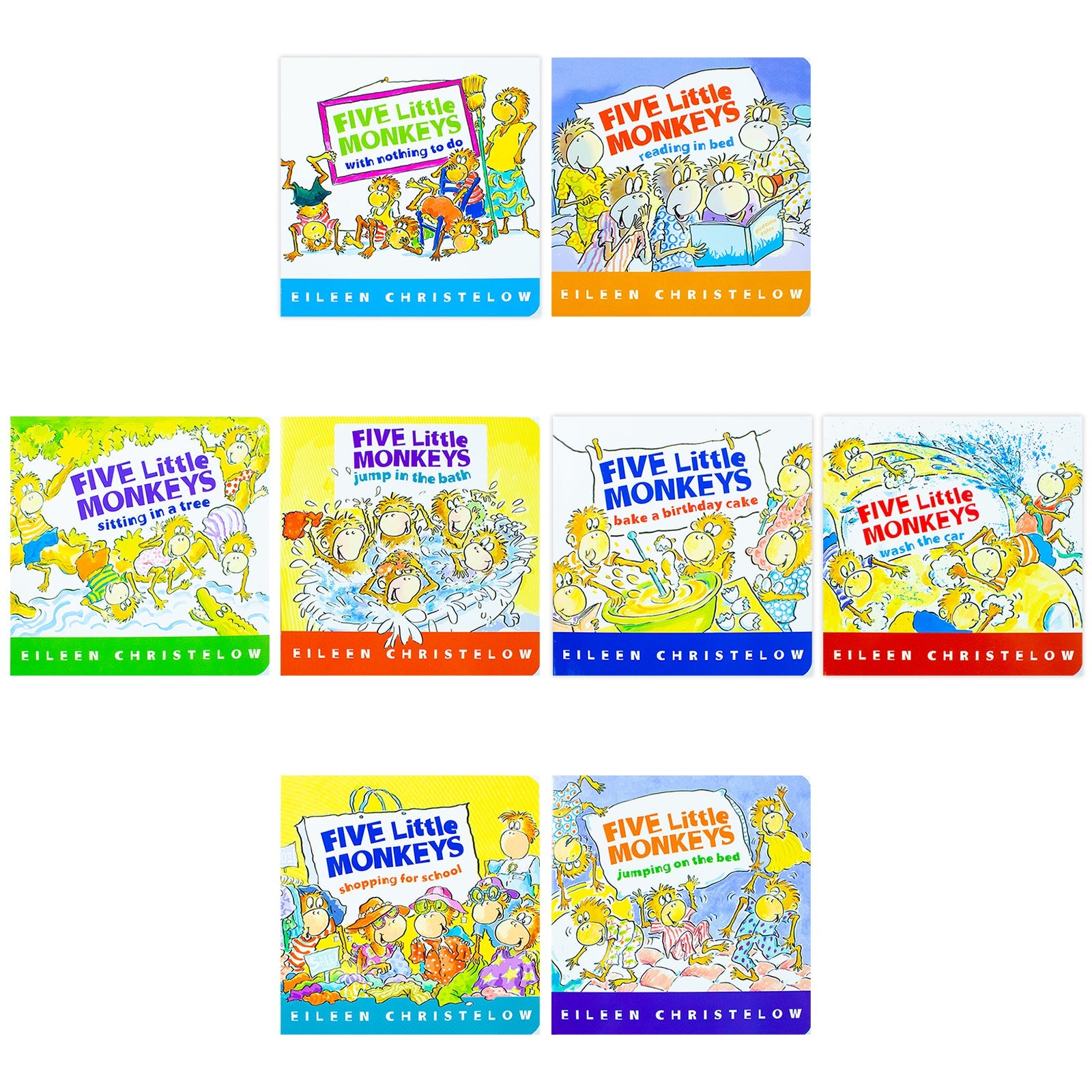 Five Little Monkeys Adventures 8 Books Collection Box Set By Eileen Christelow (Jumping on the Bed, Shopping for School,Wash the Car,Bake a Birthday Cake, Jump in the Bath,Sitting in a Tree & More)