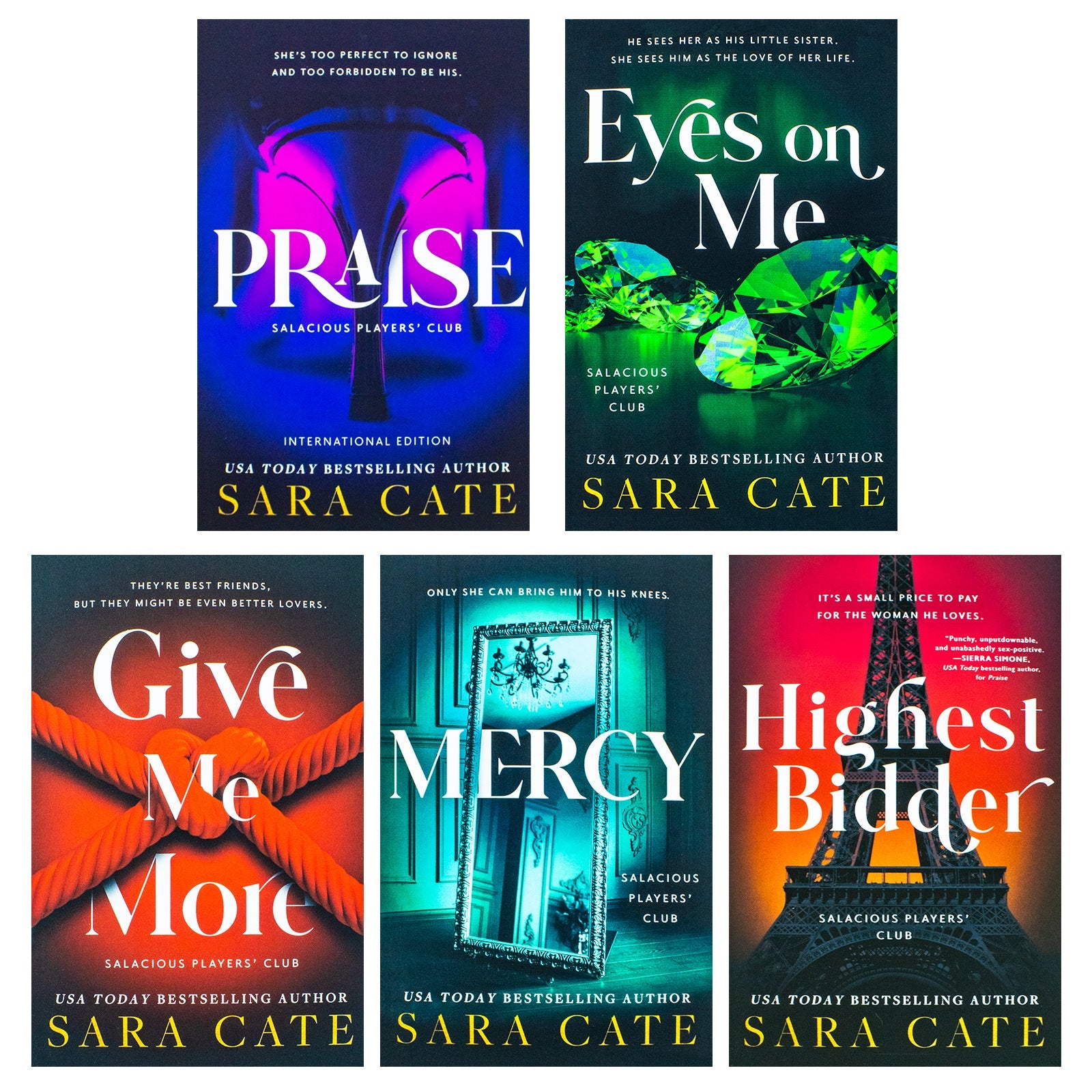 Salacious Players Club Series 5 Books Collection Set by Sara Cate (Praise, Eyes on Me, Give Me More, Mercy & Highest Bidder)