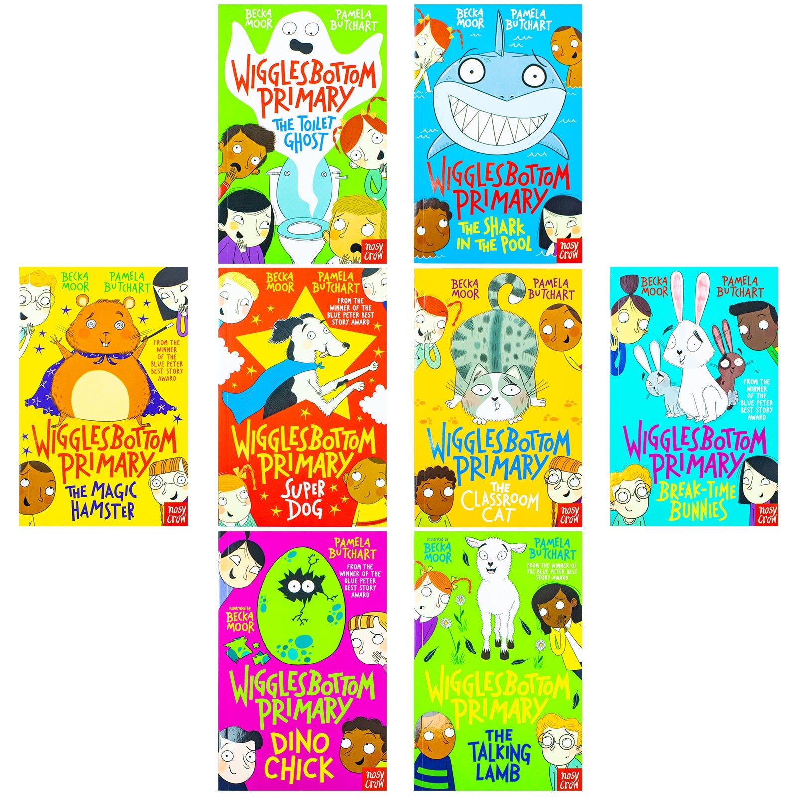 Wigglesbottom Primary Series 8 Books Collection Set By Pamela Butchart (The Toilet Ghost, Shark in the Pool, Magic Hamster, Super Dog, Classroom Cat, Break Time Bunnies, Dino Chick & Talking Lamb)