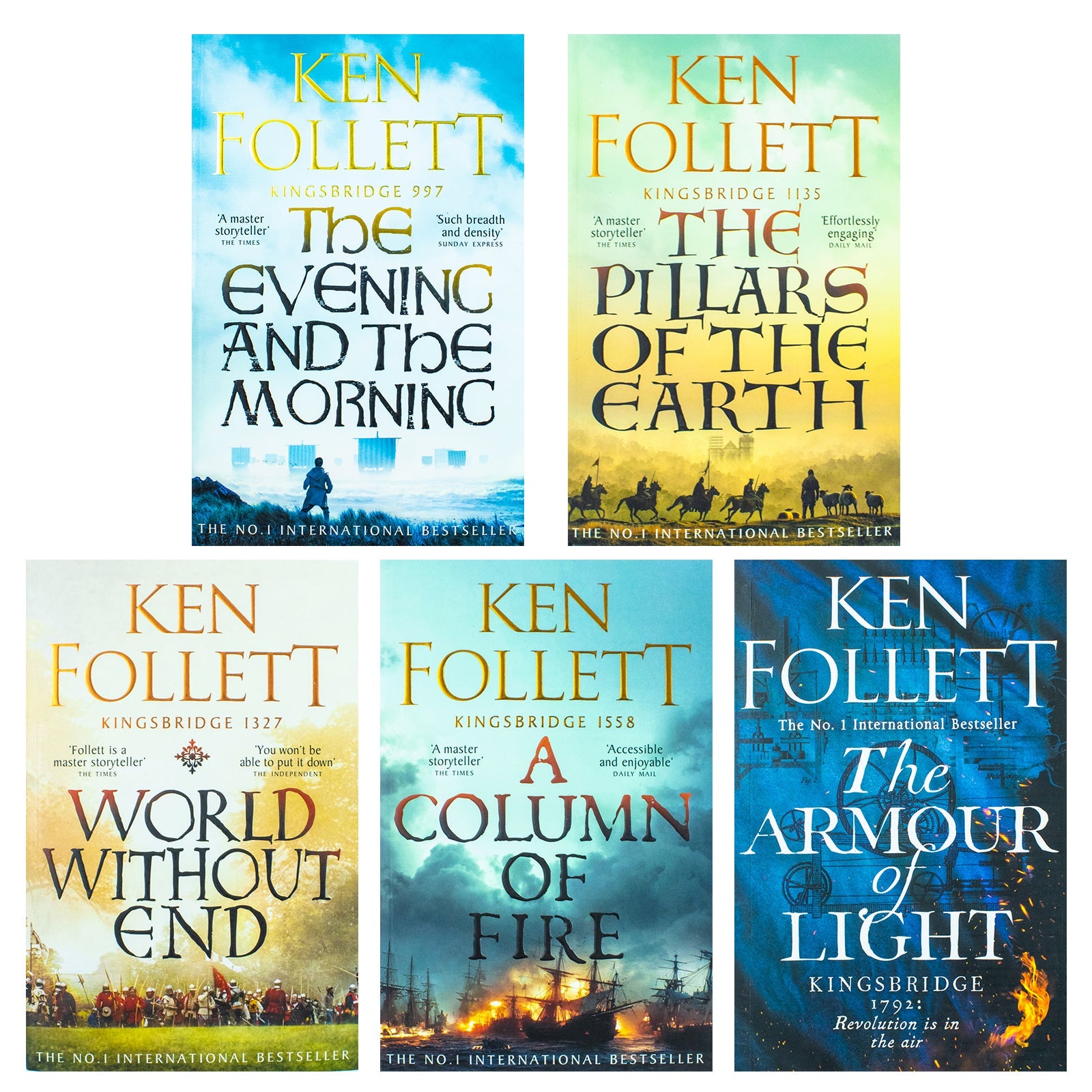 Kingsbridge Novels Collection 5 Books Set By Ken Follett (The Pillars Of The Earth, World Without End, A Column Of Fire, The Evening And The Morning & The Armour Of Light)