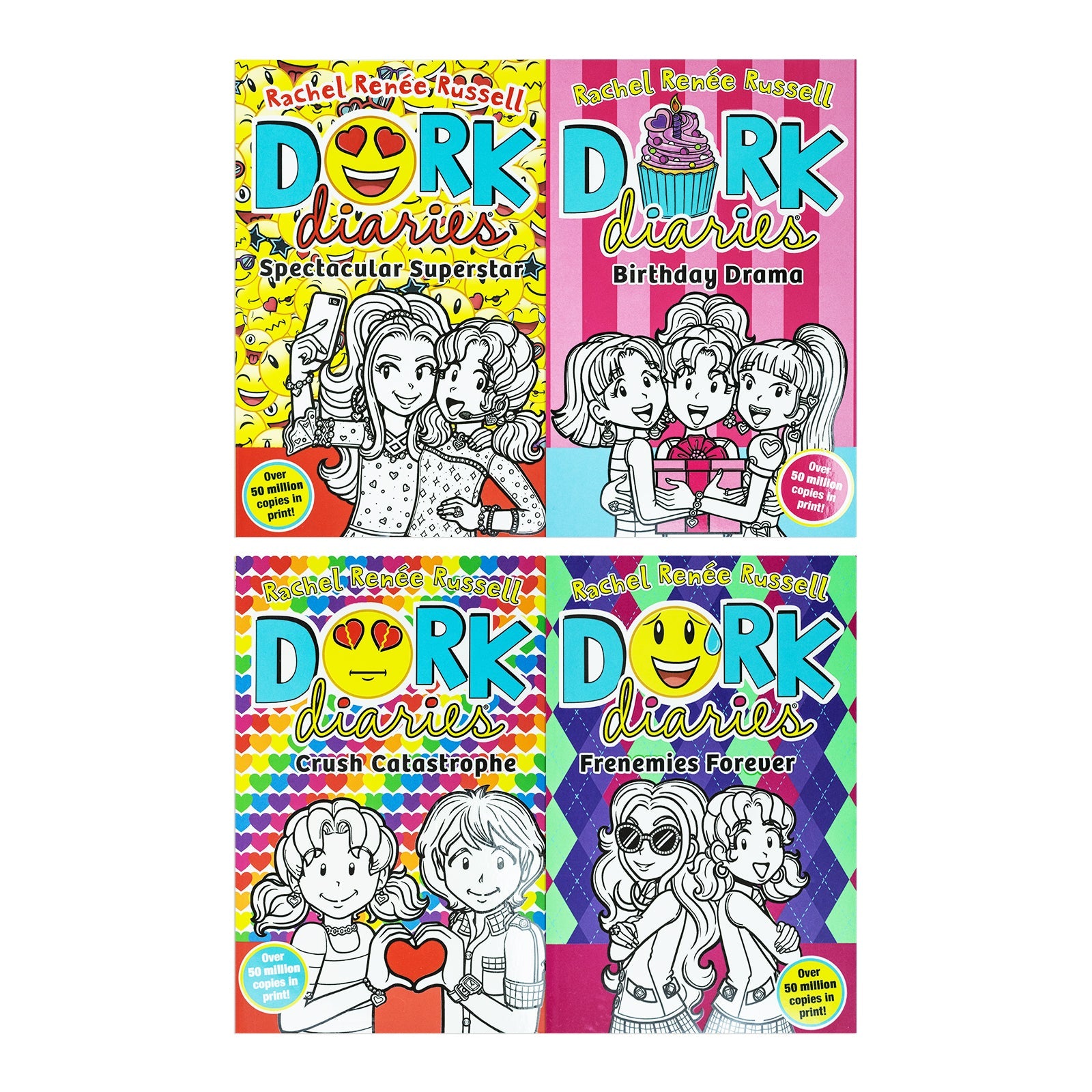 Dork Diaries Series Collection 4 Books Set By Rachel Renee Russell (Birthday Drama!, Spectacular Superstar,Crush Catastrophe,Frenemies Forever )