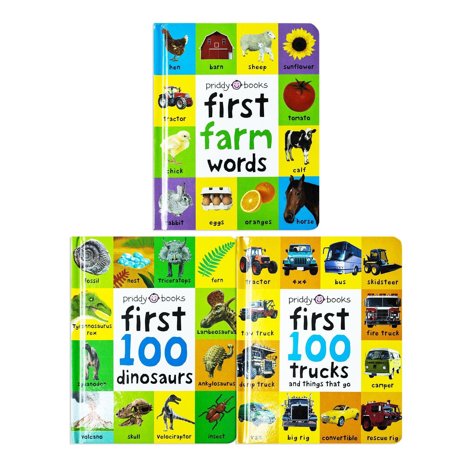 First 100 series 3 Books by Roger Priddy (Trucks, Dinosaurs & First Farm Words) Children Collection Box Set