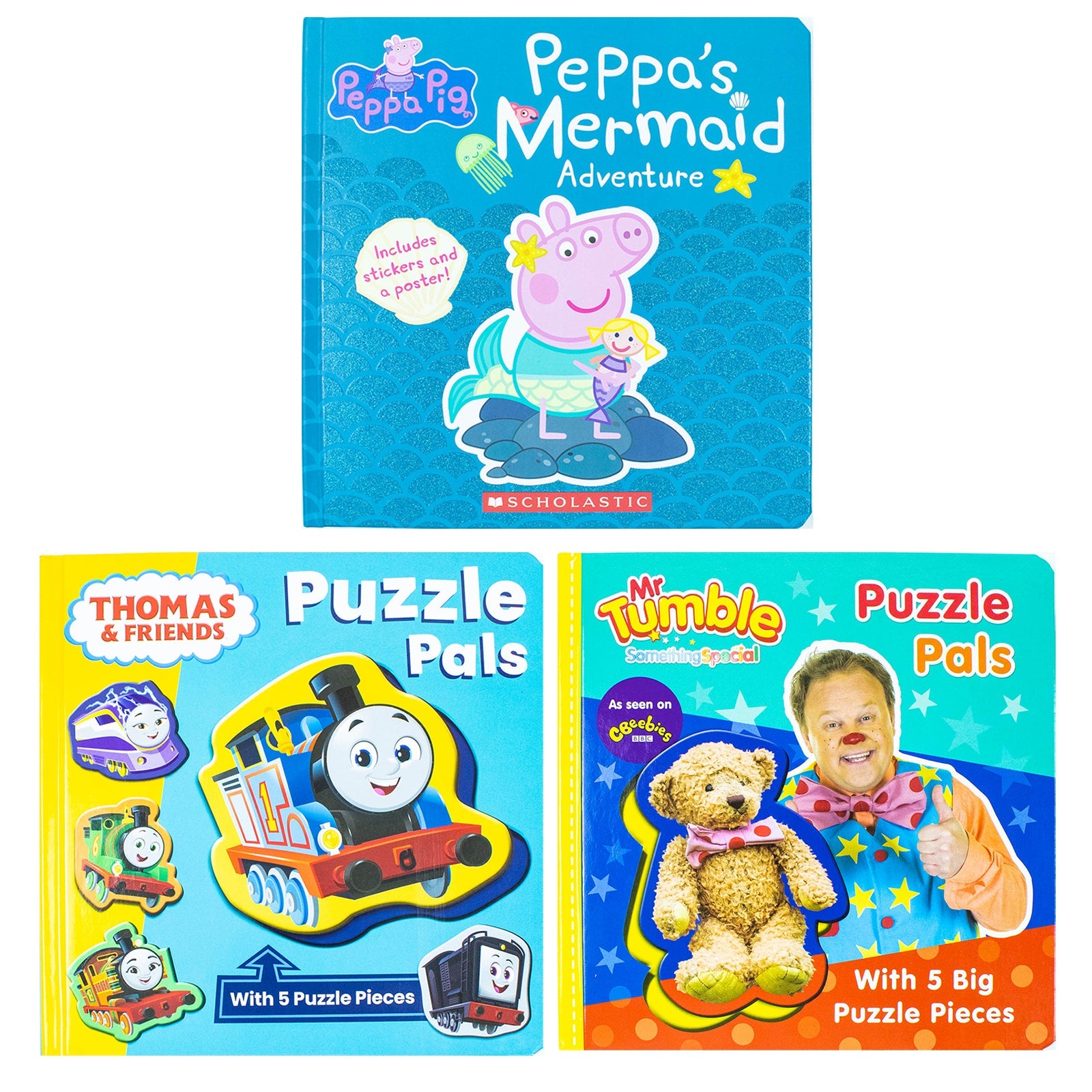 Thomas & Friends Puzzle Pal, Mr Tumble Puzzle Pal and Peppa's Mermaid Adventure Collection 3 Books Set