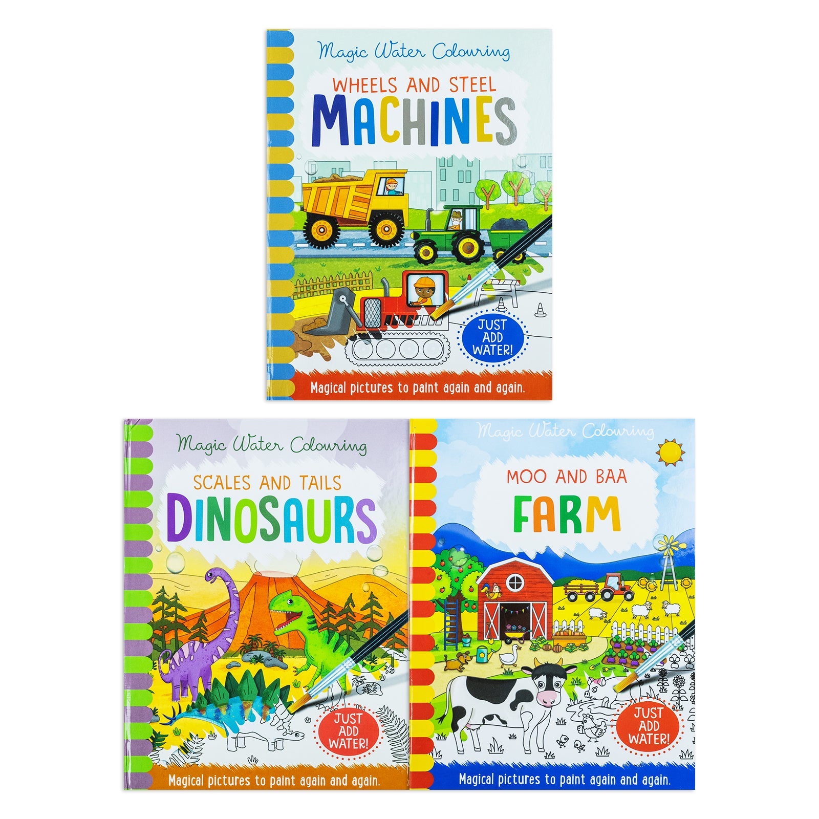 Magic Water Colouring Activity Collection 3 Book Set By Jenny Copper( Wheel & Steel Machines, Farm, Dinosaurs)