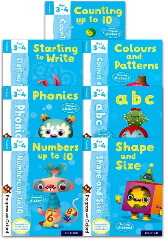 Preschool Progress with Oxford 7 Books Collection Set (Age 3-4) Phonics, Numbers, Shape & Size, Abc & More